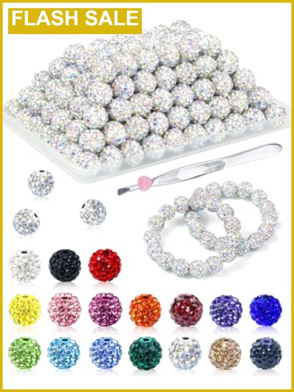 120PCS Crystal AB Rhinestone Beads 10mm for Jewelry Making with Tweezers